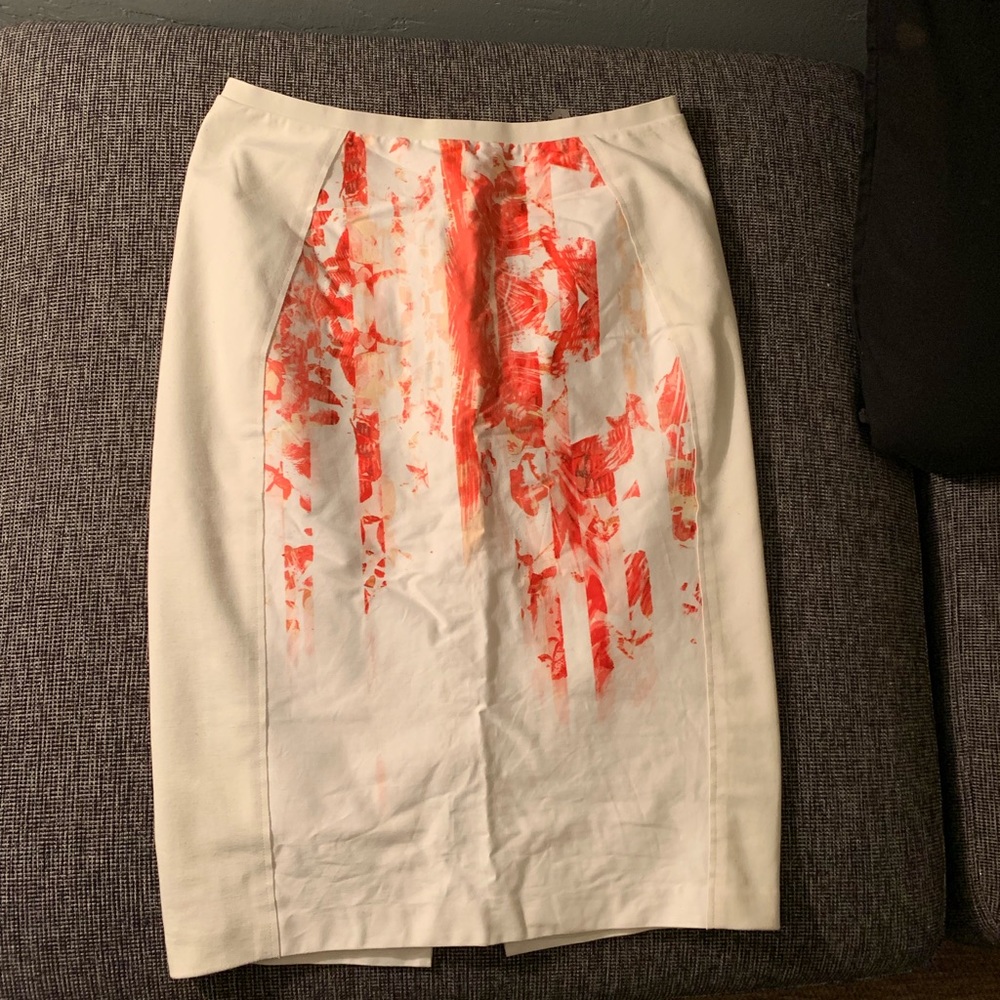 White pencil skirt with red/pink/orange detail